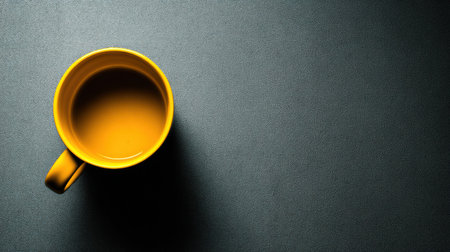 Bright yellow cup with coffee sits on a dark, smooth surface, casting a soft shadow. The scene highlights the contrast and simplicity of design.の素材