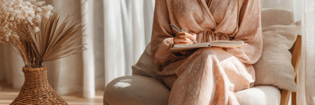 A woman dressed in a soft, flowing outfit sits comfortably on a chair, writing in her notebook.の素材