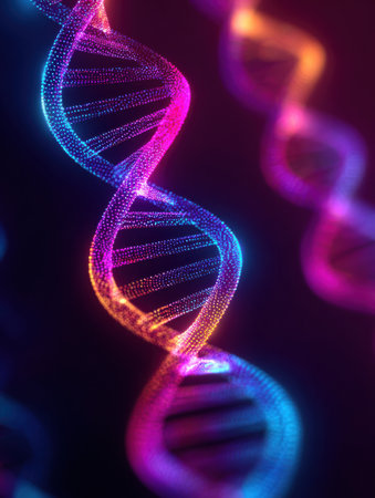 A brilliant neon double helix structure shines with shades of pink, purple, and blue against a dark backdrop, highlighting modern scientific themes and beauty.の素材