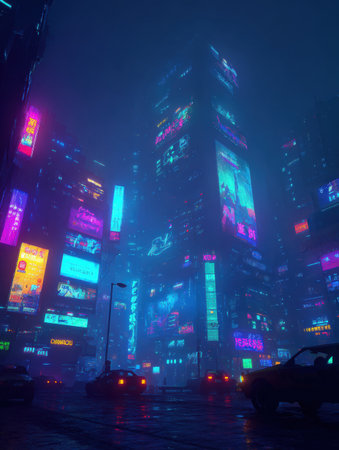 Bright neon lights dominate the skyline of a bustling city at night, casting colorful reflections on wet streets while cars pass through the atmospheric fog.の素材