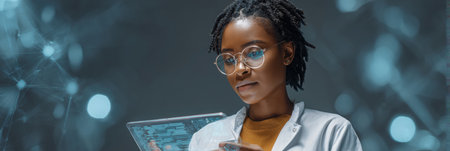 A focused scientist uses a digital tablet to review complex data and analyze findings in a high-tech laboratory setting with a dynamic background.の素材