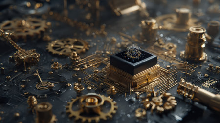 Intricate patterns of golden gears interconnect with a central processor, creating a visually striking display of technology and artistry in a dark setting.の素材