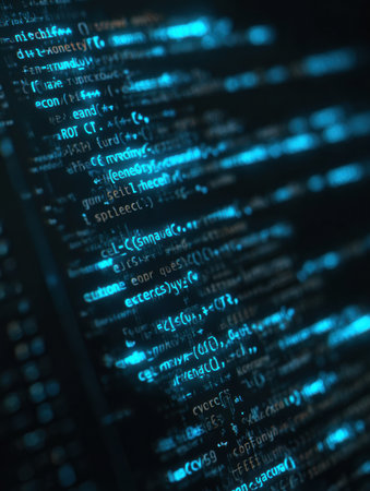 Bright blue code lines flow against a dark background, showing programming elements and data structures, emphasizing digital innovation and technology.の素材