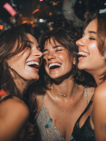 Three women enjoy laughter and happiness at a festive nighttime gathering, surrounded by colorful confetti and a joyful atmosphere.の素材
