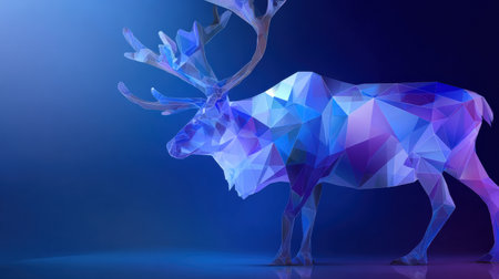 A reindeer is depicted in a colorful geometric style, showcasing sharp angles and a vibrant color palette, illuminated by soft light.の素材
