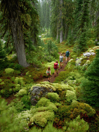 Friends trek along a beautiful forest path surrounded by vibrant greenery and towering trees on a sunny afternoon in nature.の素材
