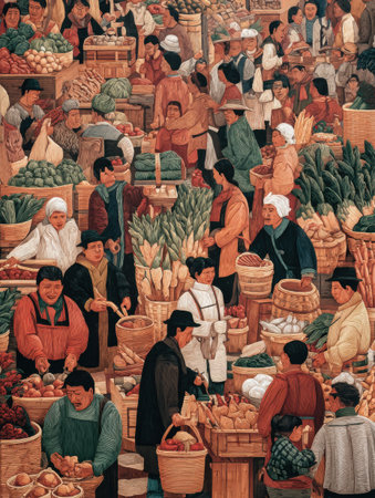 Crowds gather at a bustling market where vendors display a variety of fresh fruits and vegetables while people interact and shop for goods.の素材