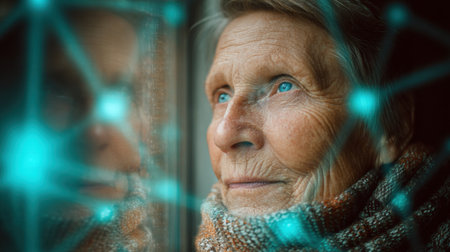 An elderly woman looks out a window, her thoughtful expression illuminated by natural light, symbolizing deep connections and reflections on life.の素材