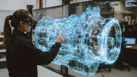 An engineer is wearing augmented reality glasses, interacting with a holographic 3D model of an engine in a high-tech workspace, showing advanced technology.の素材