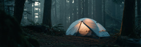 A cozy tent glows softly in a tranquil forest as dusk settles, surrounded by towering trees and a light mist, inviting a sense of calm and adventure.の素材
