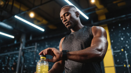 A muscular man adjusts his sports drink in the gym, ready to continue his focused and energetic workout.の素材