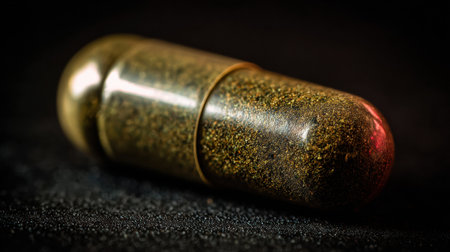 Close-up view of a herbal capsule showing its natural textures and colors against a dark background, emphasizing its organic materials and design.の素材