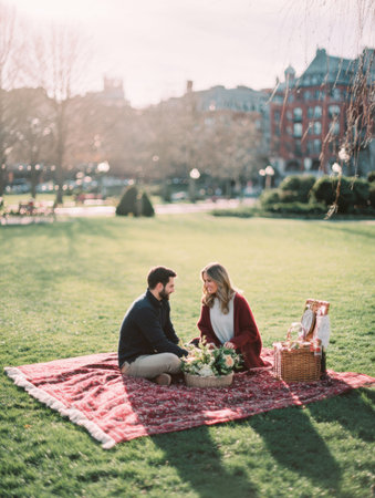 A young couple sits on a blanket sharing a picnic in a vibrant city park under warm sunlight, enjoying each otherの素材