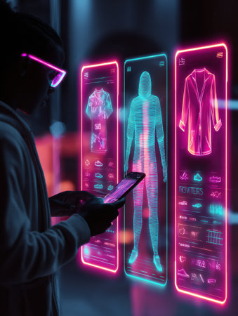 Individual engages with a holographic display featuring virtual clothing designs, set in a futuristic retail space. Bright neon colors enhance the atmosphere.の素材