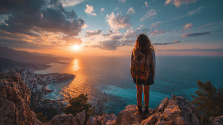 A traveler stands atop a mountain, gazing at the vibrant sunset over the ocean and city skyline as the day transitions to night in this serene settingの素材
