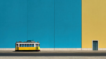 A bright yellow tram rests against a large, bold blue and yellow wall in an urban area during the day, highlighting the modern architecture and design.の素材