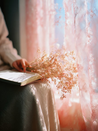 Soft morning light fills a room where someone holds a bouquet of dried flowers beside an open book while sitting on a chair near pink curtains.の素材