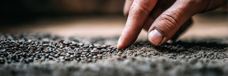 A hand gently touches and examines freshly roasted coffee beans, highlighting the careful attention to detail in the roasting process within a cozy environment.の素材