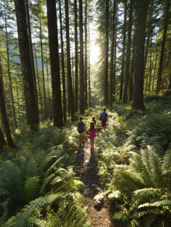 Three hikers trek along a forest path surrounded by vibrant greenery and tall trees, with sunlight filtering gently through the leaves.の素材