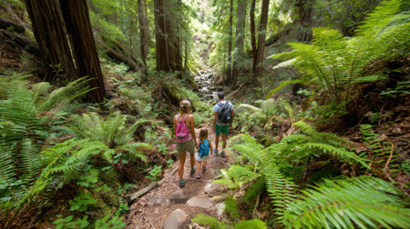 A family enjoys hiking together through a beautiful forest, surrounded by tall trees and vibrant ferns, creating a peaceful outdoor experience.の素材