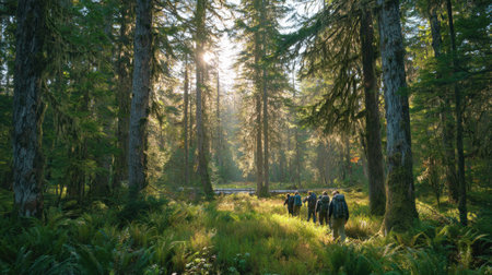 Group of hikers exploring a vibrant green forest during the morning, surrounded by towering trees and dappled sunlight shining through the leaves.の素材