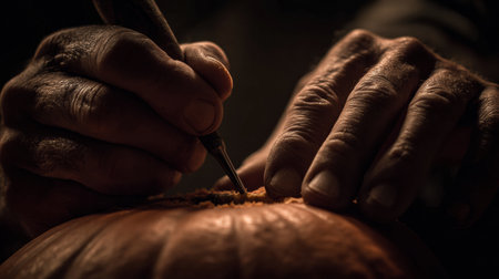 Hands skillfully carve detailed patterns into a pumpkin, showcasing artistry and creativity in a warm, cozy setting during fall celebrations.の素材
