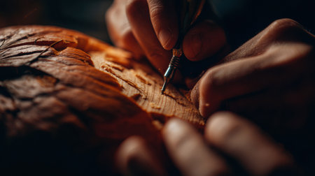 Skilled artisan focuses on crafting detailed patterns into the surface of wood, showcasing creativity and dedication in a serene workshop setting.の素材