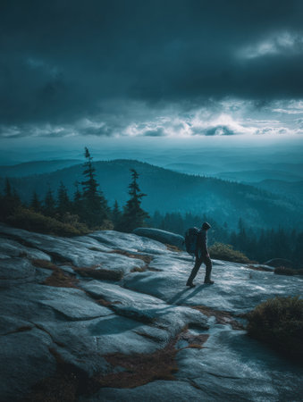 A lone hiker navigates wet rocks surrounded by misty mountains and a dramatic sky, capturing the essence of adventure in nature at twilight.の素材