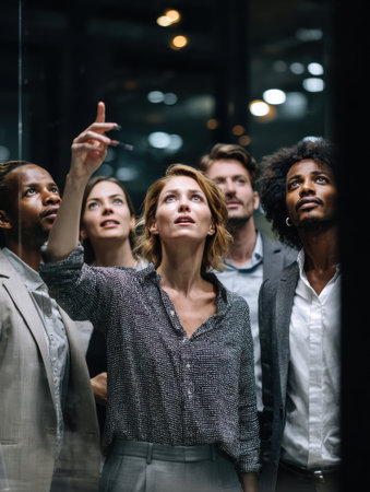 A group of five people, featuring diverse backgrounds, gathers indoors at night, their expressions curious as they point towards something above them.の素材