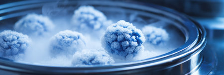 Spherical objects coated in frost sit inside a round metallic container. The atmosphere is enhanced by dry ice creating a steamy effect and soft blue hues.の素材