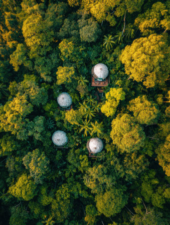 An aerial view showcasing four dome-shaped structures surrounded by dense green foliage, highlighting the beauty of nature and architecture.の素材