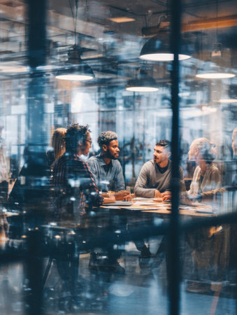Diverse group of professionals gathers around a table in a bright office to discuss ideas and collaborate on a project during a work meeting.の素材