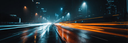 Vibrant night scene features streaks of light from vehicles on a wet road, with skyscrapers illuminated in the background, showcasing city life.の素材
