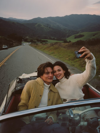 A couple enjoys a moment together in a convertible car while taking a selfie on a scenic road. The backdrop features rolling mountains and a colorful sunset.の素材