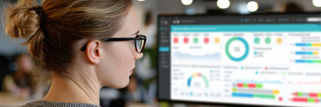 A focused woman with glasses examines detailed data visualizations on a display in a contemporary office environment filled with colleagues.の素材