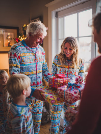 A family enjoys a cheerful moment exchanging colorful gifts in festive pajamas, creating warm memories by the window during the holiday season.の素材