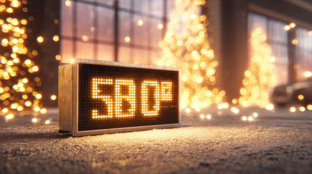 Digital display shows 580 degrees in a festive space filled with glowing lights and a warm ambiance, suggesting a celebration or holiday gathering.の素材