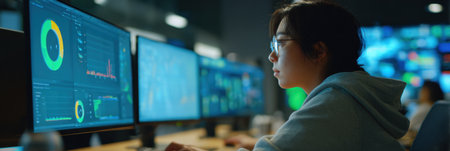 Individual intently examines complex data visualizations on large monitors in a modern office setting, surrounded by advanced technology and screens.の素材