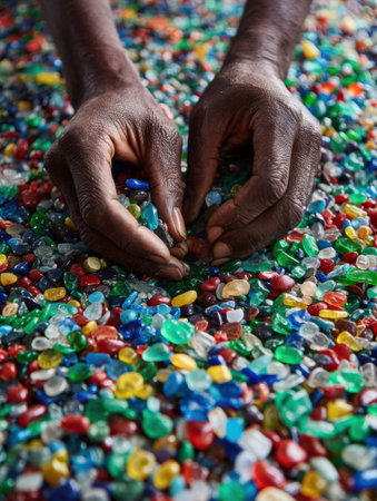Hands are actively sorting through vibrant pieces of recycled plastic in a community workshop focused on promoting sustainability and environmental practices.の素材