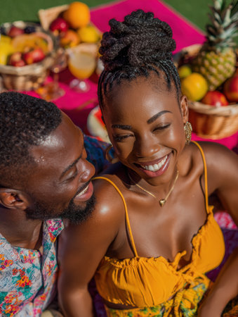 A couple shares smiles during a picnic in a sunny outdoor setting surrounded by colorful fruits, displaying happiness and love in their carefree moment.の素材