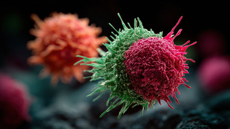 Colorful immune cells are displayed in a close-up view, highlighting their unique shapes and textures against a dark background, emphasizing cellular biology.の素材