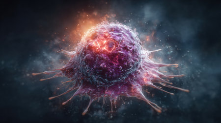 Colorful cancer cell captured in an abstract representation showing intricate details and energy in a dark environment, highlighting its complexity.の素材
