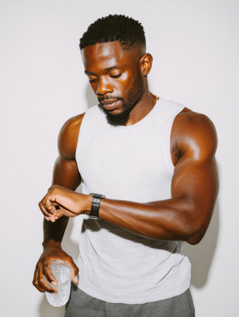 A fit young man looks at his smartwatch while holding a bottle of water, engaged in a fitness routine in a well-lit indoor environment.の素材