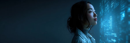 A young woman gazes intently at a glowing digital display, showing data and visuals in a dimly lit room, reflecting her curiosity and engagement.の素材