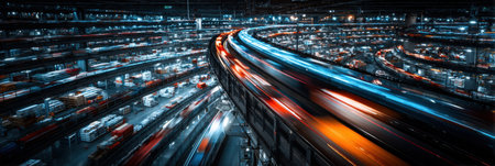 Bright lights illuminate the busy distribution center as vehicles navigate smoothly, highlighting the organized movement of goods during nighttime operations.の素材