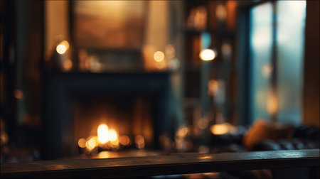 A warm living room features a glowing fireplace, comfortable seating, and soft lighting that creates a relaxing atmosphere in the evening.の素材