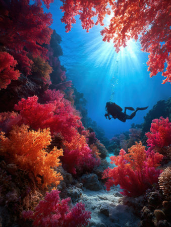 A diver gracefully swims through a colorful coral reef, surrounded by bright corals and illuminated by sunlight filtering from above.の素材