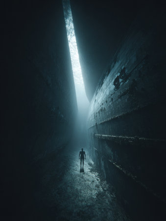 A secluded space features a solitary figure in a narrow corridor, with gentle light seeing from above, casting an eerie yet captivating atmosphere.の素材