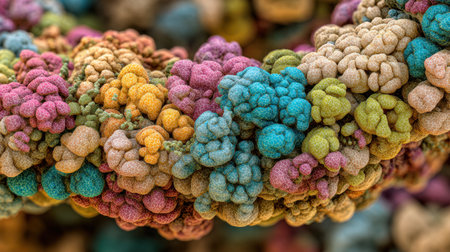 Vibrant organic clusters display an array of colors and textures, showing rich details and a fascinating structure in a well-lit environment.の素材