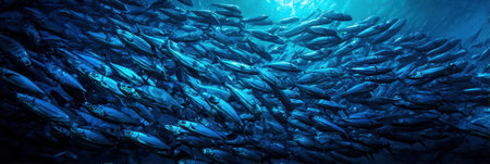 A vibrant school of fish swims in sunlight-dappled blue waters, creating a stunning aquatic scene.の素材